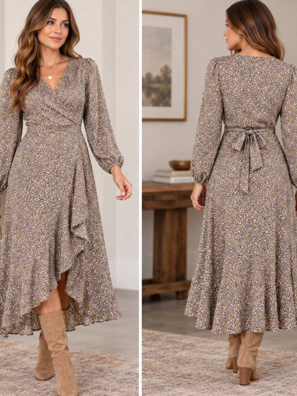 Ladies Garden Floral Wrap Dress – Long Sleeve Whimsical Cottage Core Dress